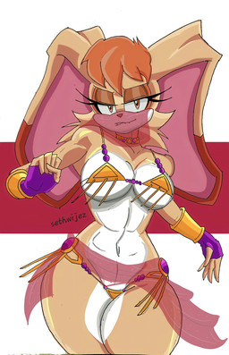 anthro belly_dancer belly_dancer_outfit big_breasts big_ears bite biting_lip biting_own_lip bracelet breasts brown_body brown_eyes brown_fur clothing dipstick_ears ear_markings eyelashes female fingerless_gloves floppy_ears fur gloves handwear head_tuft jewelry long_ears looking_at_viewer lop_ears multicolored_ears navel necklace pink_background purple_clothing purple_gloves purple_handwear self_bite simple_background solo tan_body tan_fur thick_thighs tuft veil white_background white_body white_fur wide_hipped_female wide_hips sayuraa sethwijez sega sonic_the_hedgehog_(series) vanilla_the_rabbit lagomorph leporid mammal rabbit 2024 hi_res