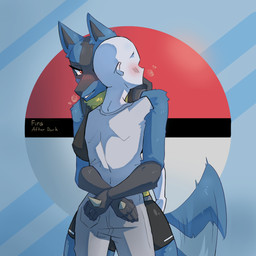 abstract_background ambiguous_gender anthro athletic_wear blue_body blue_fur blush bottomwear breath clothed clothing duo exercise_clothing female fur hand_spike hug larger_female motion_lines panting pokeball simple_background size_difference smile smirk spikes spikes_(anatomy) tail tail_motion tailwag topwear white_body firaafterdark nintendo pokemon canid canine generation_4_pokemon human lucario mammal pokemon_(species) 1:1 absurd_res hi_res