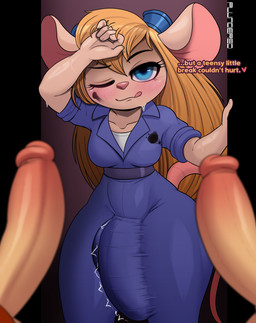 anthro big_bulge blonde_hair blue_eyes bodily_fluids breasts bulge clothed clothing dialogue erection eyewear eyewear_on_head fur genitals goggles goggles_on_head group gynomorph gynomorph_anthro hair heart_symbol humanoid_genitalia intersex intersex_anthro jumpsuit licking licking_lips licking_own_lips long_hair looking_at_viewer penis shortstack shortstack_gynomorph shortstack_intersex solo_focus standing sweat tail tan_body tan_fur text thick_thighs tongue tongue_out trio wide_hips plundered chip_'n_dale_rescue_rangers disney gadget_hackwrench mammal mouse murid murine rodent 2023 absurd_res english_text hi_res