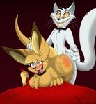 anthro bed bed_sheet bedding blush bodily_fluids butt_slap collar drooling duo female furniture grin looking_pleasured male male/female saliva slap smile spanking tail tail_grab kuramichan zoophobia kayla_(zoophobia) leeson_(zoophobia) domestic_cat felid feline felis kangaroo macropod mammal marsupial absurd_res hi_res