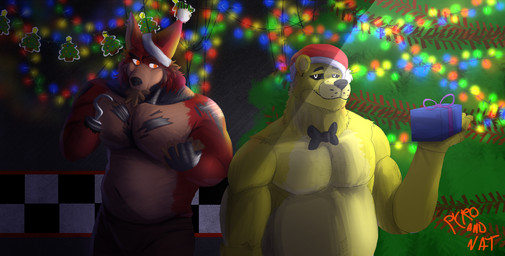 anthro barazoku black_eyes blinking_light body_hair bow_tie box chest_hair christmas_clothing christmas_headwear clothing container duo eye_patch eyewear fur gift_box hat headgear headwear holidays hook hook_hand machine male metal pizzeria pupils red_body red_fur santa_hat slightly_chubby slightly_chubby_anthro white_pupils yellow_body yellow_fur nat_is_here pyro4707 christmas five_nights_at_freddy's scottgames foxy_(fnaf) golden_freddy_(fnaf) animatronic bear canid canine fox mammal robot absurd_res artist_collaboration hi_res