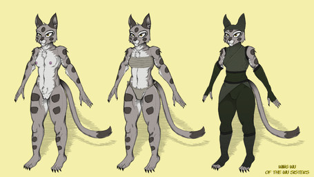 anthro areola armwear black_nose bottomwear breasts chest_wraps clothed clothing dipstick_tail eyelashes fangs female front_view fur genitals green_armwear green_bottomwear green_clothing green_headwear green_pants green_topwear grey_body grey_clothing grey_fur grey_panties grey_underwear headgear headwear markings navel nipples nude off/on panties pants pink_areola pink_nipples simple_background small_breasts smile solo tail tail_markings teeth thick_thighs topwear underwear vulva white_body white_fur wide_hips wraps yellow_background yellow_eyes nagibator wing_wu wu_sisters clouded_leopard felid mammal pantherine hi_res