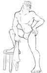 anthro asian_clothing barefoot bulge clothed clothing east_asian_clothing feet fundoshi furniture hand_on_leg hand_on_thigh holding_object holding_towel japanese_clothing male simple_background solo stool topless towel underwear white_background thegreatmatsutzu wild_knights_gulkeeva tedium bear mammal black_and_white monochrome sketch