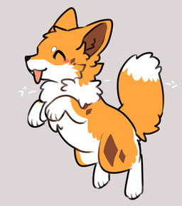 ambiguous_gender black_nose blush brown_inner_ear_fluff cheek_tuft countershading dipstick_tail facial_markings facial_tuft feral fluffy fluffy_tail fur head_markings inner_ear_fluff markings multicolored_body multicolored_fur on_hind_legs onomatopoeia orange_body orange_ears orange_fur orange_tail pink_tongue pointy_ears prick_ears quadruped simple_background snout solo sound_effects tail tail_markings text tongue tongue_out tuft white_body white_fur white_tail_tip tsukune_minaga kitsuneinu canid canine canis domestic_dog mammal 2026 digital_media_(artwork) hi_res japanese_text female_(lore)