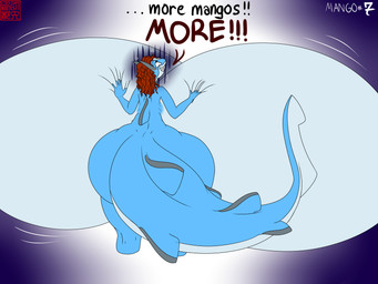 5_fingers anthro bared_teeth big_breasts big_butt big_tail black_text blue_arms blue_background blue_body blue_legs blue_skin blue_tail breasts butt dialogue exclamation_point female female_anthro fin fingers grey_ears hair hands_on_own_breasts huge_breasts huge_tail hyper hyper_breasts non-mammal_breasts nude nude_anthro nude_female red_hair sharp_teeth showing_teeth simple_background solo tail teeth text white_background white_body white_breasts white_skin white_tail shannon_shark_(artist) shannon_shark aquatic carpet_shark fish ginglymostomatid nurse_shark shark 4:3 absurd_res english_text hi_res