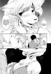 anthro big_breasts blush bodily_fluids breast_grab breasts canid canine canis clothed clothing comic domestic_dog dress english_text erect_nipples eyelashes eyes_closed fangs female french_kissing fully_clothed fur greyscale hair hand_on_breast heart_symbol hi_res huge_breasts human itou_ei kemono kissing male male/female mammal monochrome nipples open_mouth romantic romantic_couple saliva shadow shirt snout teeth text tongue tongue_out topwear