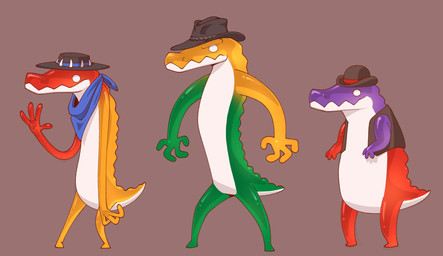 4_fingers anthro biped blue_kerchief blue_neckerchief bowler_hat brown_clothing brown_hat brown_headwear brown_topwear brown_vest candy clothing countershade_face countershade_neck countershade_tail countershade_torso countershading cowboy_hat dessert empty_eyes featureless_feet feet fingers food gesture green_body green_tail group gummy_(food) hat hat_only headgear headgear_only headwear headwear_only kerchief male male_anthro mostly_nude mostly_nude_anthro mostly_nude_male naturally_censored neckerchief neckwear purple_body red_body red_tail simple_background snout standing tail topwear trio vest waving white_body white_countershading wide_stance yellow_body yellow_tail gooseworx glitch_productions the_amazing_digital_circus chad_(tadc) gummigoo_(tadc) max_(tadc) alligator alligatorid crocodilian food_creature gummy_creature living_candy reptile scalie colored concept_art digital_media_(artwork) hi_res official_art shaded