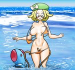 ambiguous_gender areola assisted_exposure bianca_(pokemon) big_breasts black_eyes blonde_hair blue_body breasts brown_tentacles clothing duo eyewear female feral front_view generation_1_pokemon genitals glasses green_clothing green_eyes green_hat green_headwear hair hat headgear headwear human human_focus mammal markings navel nintendo nipples not_furry_focus open_mouth orange_clothing orange_swimwear partially_submerged pink_areola pink_nipples piscirabble pokemon pokemon_(species) pussy red_markings rubbing_pussy sea standing_in_water swimwear tan_body tan_skin tentacles tentacool thick_thighs torn_swimwear water wide_hips
