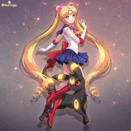 ambiguous_gender black_body black_fur blonde_hair blue_eyes blush boots bottomwear clothing crescent_moon_(marking) duo eyelashes female feral footwear fur gloves glowing glowing_markings hair handwear high_heeled_boots high_heels looking_at_viewer markings moon_(marking) red_eyes ring_(marking) shoes simple_background skirt leoiruga nintendo pokemon sailor_moon_(series) sailor_moon_(character) eeveelution generation_2_pokemon human mammal pokemon_(species) umbreon 1:1 2026 hi_res signature