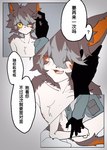 aak_(arknights) anthro arknights black_hair blush chest_tuft chinese_text comic doctor_(arknights) domestic_cat eyes_closed felid feline felis fur hair hand_on_face human hypergryph inner_ear_fluff kaokao male male_anthro mammal nipples nude_anthro nude_male pupils red_body red_fur slit_pupils studio_montagne text translated tuft white_body white_fur