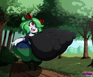 anthro big_breasts big_butt breasts bubble_butt butt clothing erect_nipples female huge_breasts huge_butt hyper hyper_breasts legwear nipples nipples_visible_through_clothing plant short_stack solo thick_thighs thigh_highs tree wide_hips zanbonsen nintendo pokemon emillie_(zanbonsen) generation_3_pokemon kirlia pokemon_(species) hi_res