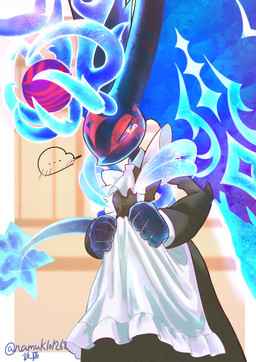 ambiguous_gender anthro antlers biped black_body blue_antlers blue_sclera blush blush_lines blushing_at_viewer blushing_speech_bubble bodily_fluids border clothed clothed_ambiguous clothed_anthro clothing clothing_grab crystal ellipsis embarrassed glowing glowing_antlers glowing_pupils head_wings horn huge_wings inside maid_uniform narrowed_eyes outside_border pupils red_eyes solo speech_bubble spiked_tail spikes spikes_(anatomy) standing star_eyes star_polygon sweat sweatdrop tail tears three-quarter_view uniform unusual_wing_placement white_border wings yellow_pupils namuklo kirby_(series) nintendo genwel_meteonelfilis alien chinchilla chinchillid mammal rodent starling_(kirby) 2025 absurd_res digital_drawing_(artwork) digital_media_(artwork) hi_res portrait signature three-quarter_portrait