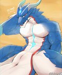 animal_genitalia anthro anus blue_body breath genital_slit genitals male muscular pecs penis solo tail text thick_tail exsys mythology dragon mythological_creature mythological_scalie scalie 5:6 digital_media_(artwork)