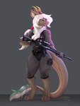 anthro ar-15 bulletproof_vest clothed clothing female fur gloves green_eyes gun hair handwear horn long_tail multicolored_body multicolored_fur ponytail ranged_weapon rifle scarf simple_background smile solo tail topwear vest weapon white_hair dsixzey mythology lynn_(orang111) dragon mythological_creature mythological_scalie scalie 3:4 hi_res