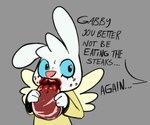 anthro blood blood_in_mouth blue_eyes bodily_fluids dialogue eating female food freckles grey_background meat simple_background solo text white_body wings gglloooopp angel_hare the_east_patch angel_gabby angel hare lagomorph leporid mammal english_text