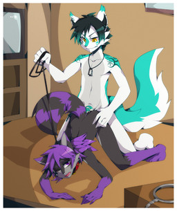 all_fours anal anal_penetration anthro ass_up bed bodily_fluids collar collar_only cum cum_in_ass cum_inside dominant dominant_male duo electronics erection femboy from_behind_position furniture genital_fluids genitals holding_leash holding_object indoor_nudity indoor_sex inside jewelry jewelry_only leapfrog_position leash leash_pull male male/male male_penetrated male_penetrating male_penetrating_male necklace necklace_only nude penetration penis piercing purple_eyes sex submissive submissive_male tail television yellow_eyes oouyuki_benten artik_ninetails canid canine fox mammal