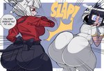 absurd_res azazel_(helltaker) big_butt biped breasts butt butt_slap clothed clothing dotodonoto duo english_text female female/female hair helltaker hi_res huge_butt humanoid lucifer_(helltaker) rear_view red_eyes shirt slap spanking text thick_thighs thought_bubble topwear white_hair
