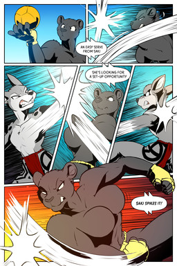 anthro blurred_background breasts clothed clothing determined dialogue duo eyelashes female fingerless_gloves gloves handwear montage motion_lines narrowed_eyes sky snarling tattoo teeth text topless volly_ball rick_griffin ideka sakitori canid canine canis felid mammal pantherine wolf 2024 2:3 comic english_text hi_res