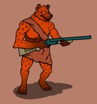 ambiguous_gender angry anthro fur fur_clothing gun muscular orange_body orange_fur pecs ranged_weapon shotgun simple_background snarling solo twitching weapon c4r4 caves_of_qud humanoid hyena mammal snapjaw_(caves_of_qud) digital_drawing_(artwork) digital_media_(artwork) hi_res