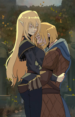blonde_hair butt clothed clothed_female clothed_human clothed_humanoid clothed_male clothing duo female female_humanoid female_on_human hair hug hugging_another hugging_butt human_on_humanoid humanoid_pointy_ears interspecies larger_female larger_humanoid looking_at_another male male/female male_human male_on_humanoid outside pointy_ears size_difference smaller_human smaller_male yellow_eyes basedbinkie bethesda_game_studios microsoft skyrim the_elder_scrolls altmer high_elf human humanoid mammal 2026 absurd_res english_description hi_res