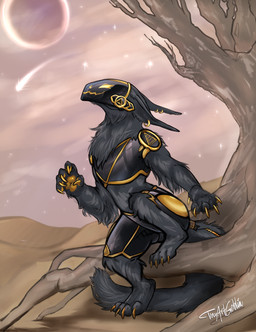 anthro black_body black_fur claws desert digitigrade ear_piercing ear_ring fur golden_claws grey_body grey_fur looking_up male moon piercing plant ring_piercing sand shooting_star smile solo star tail tree tinyartgoblin primagen 2024 digital_media_(artwork) hi_res