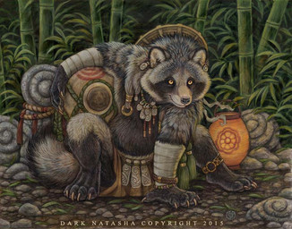 anthro bamboo bamboo_tree bottomwear clothed clothing holding_pot lamp lantern loincloth male outside piercing plant solo text topless tree dark_natasha canid canine mammal raccoon_dog tanuki 2015 english_text signature traditional_media_(artwork)