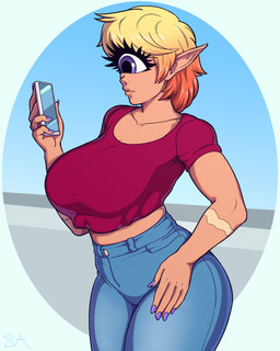 1_eye big_breasts bottomwear breasts cellphone clothed clothing colored_nails denim denim_bottomwear denim_clothing electronics eyelashes female hair high_waisted_bottomwear holding_object holding_phone humanoid_pointy_ears jeans midriff multicolored_hair nails not_furry pants phone pointy_ears purple_eyes scar shirt short_hair solo topwear two_tone_hair souladdicted viviana_(souladdicted) cyclops humanoid 2018 4:5 absurd_res digital_media_(artwork) hi_res