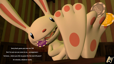 3_toes 3d_background anthro big_feet feet foot_fetish foot_focus foot_play hindpaw male pawpads paws poker_chip poker_table solo talking_to_viewer text toes aldenyates jcthornton_(modeler) sam_and_max max_(sam_and_max) lagomorph leporid mammal rabbit 16:9 3d_(artwork) 4k absurd_res digital_media_(artwork) english_text hi_res mixed_media widescreen