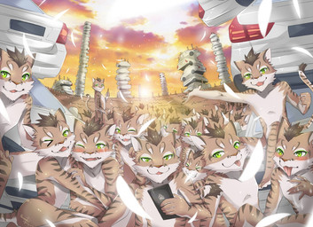 bedroom_eyes blush bodily_fluids car cellphone clone countershading crowd electronics eyeliner eyes_closed green_eyes group heaven hug makeup male narrowed_eyes nude one_eye_closed outside phone saliva saliva_string seductive smile square_crossover tears tongue tongue_out vehicle what noraneko noranekocat nekojishi studio_klondike shu-chi felid feline felis leopard_cat mammal prionailurus signature