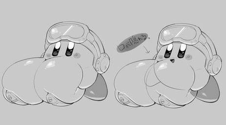 big_breasts blush breasts clothed clothing eyewear female goggles headgear holding_breast not_furry open_mouth open_smile skimpy smile solo text topwear translucent translucent_breasts sakana8888888 kirby_(series) nintendo kirby waddling_head 2019 greyscale hi_res japanese_text monochrome multiple_versions unavailable_at_source