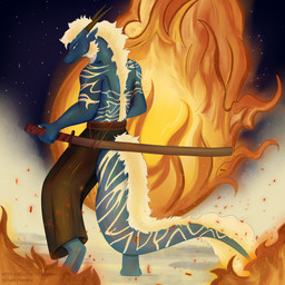 anthro asian_clothing blue_body blue_eyes clothing east_asian_clothing fire hair holding_katana holding_melee_weapon holding_object holding_sword holding_weapon japanese_clothing katana long_ears male melee_weapon night samurai sky skyscape solo star striped_body stripes sword warrior weapon furrymammy mythology andreas_the_royal_dragon dragon mythological_creature mythological_scalie scalie 1:1 absurd_res hi_res