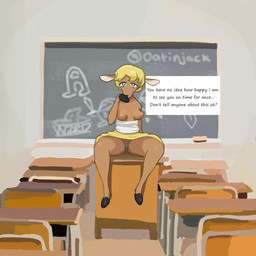 anthro areola blonde_hair blue_eyes breasts classroom dialogue exposed_breasts female hair hooves nipples school solo teacher text text_box oatinjack ambient_among_us among_us cool_s innersloth deer mammal 1:1 english_text hi_res