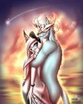 albino anthro antlers detailed_background duo female hair horn hug landscape long_hair looking_at_viewer love male male/female membrane_(anatomy) membranous_wings smile star wings neonyx bat canid canine canis mammal wolf 4:5