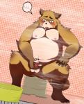 2011 anthro balls belly biped blush canid canine erection genitals humanoid_hands male mammal moobs navel nekomari nipples overweight overweight_anthro overweight_male penis raccoon_dog sitting solo tanuki