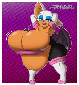 anthro armor armwear bat_wings belly belly_overhang big_belly big_breasts black_bodysuit black_clothing black_eyebrows black_nose black_skinsuit black_tail black_wings blue_eyeshadow bodysuit border breastplate breasts clothing dialogue elbow_gloves eyebrows eyelashes eyeshadow female footwear gloves hands_behind_head handwear huge_belly huge_breasts hyper hyper_breasts looking_at_viewer makeup membrane_(anatomy) membranous_wings motion_lines navel obese obese_anthro obese_female open_mouth open_smile overweight overweight_anthro overweight_female pink_breastplate pink_tongue purple_background red_mouth scut_tail shoes short_tail simple_background skinsuit smile smiling_at_viewer snaggle_tooth solo tail talking_to_viewer tan_body tan_inner_ear teal_eyes text thick_thighs three-quarter_view tight_clothing tongue white_armwear white_border white_clothing white_ears white_elbow_gloves white_footwear white_gloves white_handwear white_shoes wings takano sega sonic_the_hedgehog_(series) rouge_the_bat bat mammal 2026 absurd_res colored digital_drawing_(artwork) digital_media_(artwork) english_text hi_res shaded