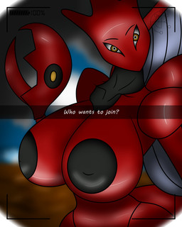 anthro beach big_breasts breasts camera cloud eye_contact female glistening glistening_body looking_at_another moon night nipples orange_eyes red_body red_skin solo text wide_hips wings signum-factorem nintendo pokemon arthropod generation_2_pokemon insect pokemon_(species) scizor 4:5 absurd_res hi_res