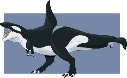 ambiguous_gender biped black_body black_claws blue_background blue_eyes border claws dorsal_fin feral fin forked_tail open_mouth pink_tongue sharp_teeth side_view simple_background solo tail teeth tongue unsigned unusual_anatomy unusual_tail what_has_science_done white_body white_border swampjaws aquatic cetacean dinosaur dolphin hybrid mammal oceanic_dolphin orca prehistoric_species reptile scalie toothed_whale absurd_res full-length_portrait hi_res portrait