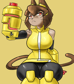 anthro arm_cannon breasts brown_hair brown_tail camel_toe female gun hair pupils ranged_weapon solo tail weapon weapon_arm whiskers kaizooki gameoverse glitch_productions kit_bodega domestic_cat felid feline felis mammal hi_res