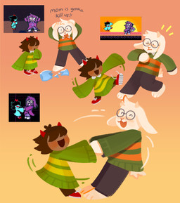 ambiguous_gender anthro biped blush blush_lines broken_vase brown_body brown_hair brown_skin dialogue duo eyes_closed eyewear fake_horns floppy_ears fur glasses gradient_background hair hair_over_eyes long_sleeves male one_eye_closed open_mouth open_smile red_eyes scared scut_tail short_hair short_tail simple_background smile snout tail text vase wearing_glasses white_body white_fur young magentasnail deltarune undertale undertale_(series) aqua_(deltarune) asriel_dreemurr kris_dreemurr seth_(deltarune) boss_monster_(undertale) bovid caprine goat human mammal 2026 absurd_res digital_drawing_(artwork) digital_media_(artwork) english_description english_text hi_res reference_image adopted_(lore) adoptive_brother_(lore) adoptive_sibling_(lore) nonbinary_(lore)