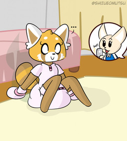 anthro bedroom bondage_gear bondage_gloves caught_in_the_act clothed clothing cutaway diaper diaper_under_clothing duo ellipsis expression_cutaway female handwear onesie shocked sitting sitting_on_ground snapsuit soiled_diaper sound_effects stink_fumes taking_picture unclean_diaper used_diaper wearing_diaper wide_eyed dummydoodles aggretsuko pogchamp sanrio fenneko retsuko ailurid canid canine fennec_fox fox mammal red_panda true_fox 2020 hi_res meme