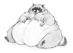 anthro belly big_belly big_butt butt facial_markings fat_rolls fur grey_body grey_fur hands_on_stomach head_markings huge_butt male markings mask_(marking) morbidly_obese morbidly_obese_anthro morbidly_obese_male nude obese obese_anthro obese_male overweight overweight_anthro overweight_male ring_(marking) ringed_tail semi-anthro simple_background sitting solo striped_markings striped_tail stripes tail tail_markings thick_thighs white_background wide_hips gandere mammal procyonid raccoon monochrome