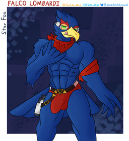 abs anthro ball_bulge barazoku beak bedroom_eyes biped blue_body blue_feathers briefs bulge clothed clothing detailed_bulge feathers flaccid front_view genital_outline genitals green_eyes half-closed_eyes headgear kerchief licking licking_lips looking_at_viewer male muscular muscular_anthro muscular_male narrowed_eyes navel pec_grab pecs penis penis_outline pose red_body red_clothing red_feathers red_underwear seductive solo speedo standing swimwear tail tail_feathers text tongue tongue_out topless topless_anthro topless_male underwear some_shiba nintendo star_fox falco_lombardi avian bird 2024 artist_name character_name colored hi_res pinup portrait three-quarter_portrait