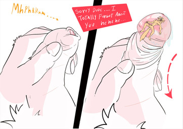 2_panel_comic 5_fingers anthro big_penis bodily_fluids crotch_tuft duo fingernails fingers foreskin fur genital_fluids genitals huge_penis larger_male macro male male/male micro moan nails nude nude_anthro nude_male penis precum retracted_foreskin size_difference smaller_male speech_box text text_box tuft yellow_body yellow_fur dudenahuel nahuel_(dudenahuel) canid canine mammal maned_wolf 2024 absurd_res comic english_text hi_res multiple_scenes