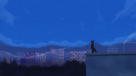 anthro biped building city cityscape detailed_background emoji forest fur lights looking_afar looking_away male on_the_edge outside plant sad sky solo standing star starry_sky tail tree wind novav33 avery_(suheugene) canid canine fennec_fox fox humanoid mammal true_fox 16:9 4k absurd_res hi_res watermark widescreen