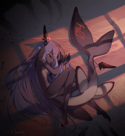 5_fingers anthro blush blush_lines bodily_fluids broken_horn crying female fin fingers hair horn long_hair multicolored_body nude purple_body purple_hair red_eyes shark_tail sleeping solo tail tail_fin tears text two_tone_body white_body young yawaraky phaerii_(yawaraky) aquatic fish hybrid shark absurd_res hi_res