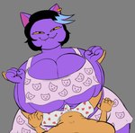 4_fingers 5_fingers anthro belly big_breasts black_hair blue_highlights bottomwear boxers_(clothing) breasts clothed clothed_anthro clothed_female clothing crop_top duo fangs female female_anthro fingers fur gold_ear_ring grey_background hair heart_boxers heart_clothing heart_symbol heart_underwear highlights_(coloring) huge_breasts male male/female male_anthro overweight overweight_anthro overweight_female purple_body purple_ears purple_fur shirt shirtless_anthro shirtless_male shorts simple_background teeth topwear underwear wide_hipped_anthro wide_hipped_female wide_hips yellow_sclera kitapult undertale_(series) burgerpants catty_(undertale) domestic_cat felid feline felis mammal 2025 digital_drawing_(artwork) digital_media_(artwork)
