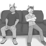 anthro backwards_baseball_cap backwards_hat baseball_cap bottomwear clothed clothing duo footwear fully_clothed furniture hat headgear headwear male on_sofa pants shirt shoes sitting sitting_on_sofa sofa t-shirt topwear fuze fuzeyeen luis_(fuze) canid canine hyena mammal spotted_hyena 1:1 greyscale hi_res monochrome