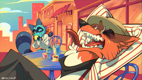 4_fingers anthro beverage black_nose blue_body blue_fur breasts clothed clothing drinking duo eyewear female fingers fur glasses hat headgear headwear humanoid_hands interspecies long_tongue male male/female markings necktie open_mouth red_body red_fur ring_(marking) ringed_tail shirt striped_markings striped_tail stripes tail tail_markings teeth tongue topwear wearing_glasses wearing_hat yawn squiderdoodle cazadora_(rentonreverb) dandy_(rentonreverb) canid canine canis coyote mammal procyonid raccoon 16:9 hi_res widescreen