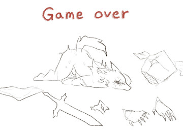 anthro armor ass_up bodily_fluids defeated discarded_armor game_over gameplay_mechanics genitals lying male melee_weapon on_front penis scar simple_background solo spiral spiral_eyes sweat sword weapon lovebuffpg45 canid canine canis mammal wolf comic hi_res sketch