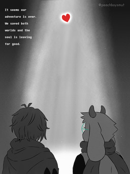 ambiguous_gender anthro cape clothed clothing duo eyewear fully_clothed fur glasses green_eyewear green_glasses horn male male_anthro rear_view scarf text wearing_glasses white_body white_fur peachboysmut deltarune undertale_(series) kris_dreemurr ralsei bovid caprine darkner goat human mammal absurd_res comic english_text greyscale hi_res monochrome